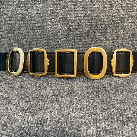Karl Lagerfield Womens 14 Black Gold Leather Elastic Geometric Shape Belt 36.5\